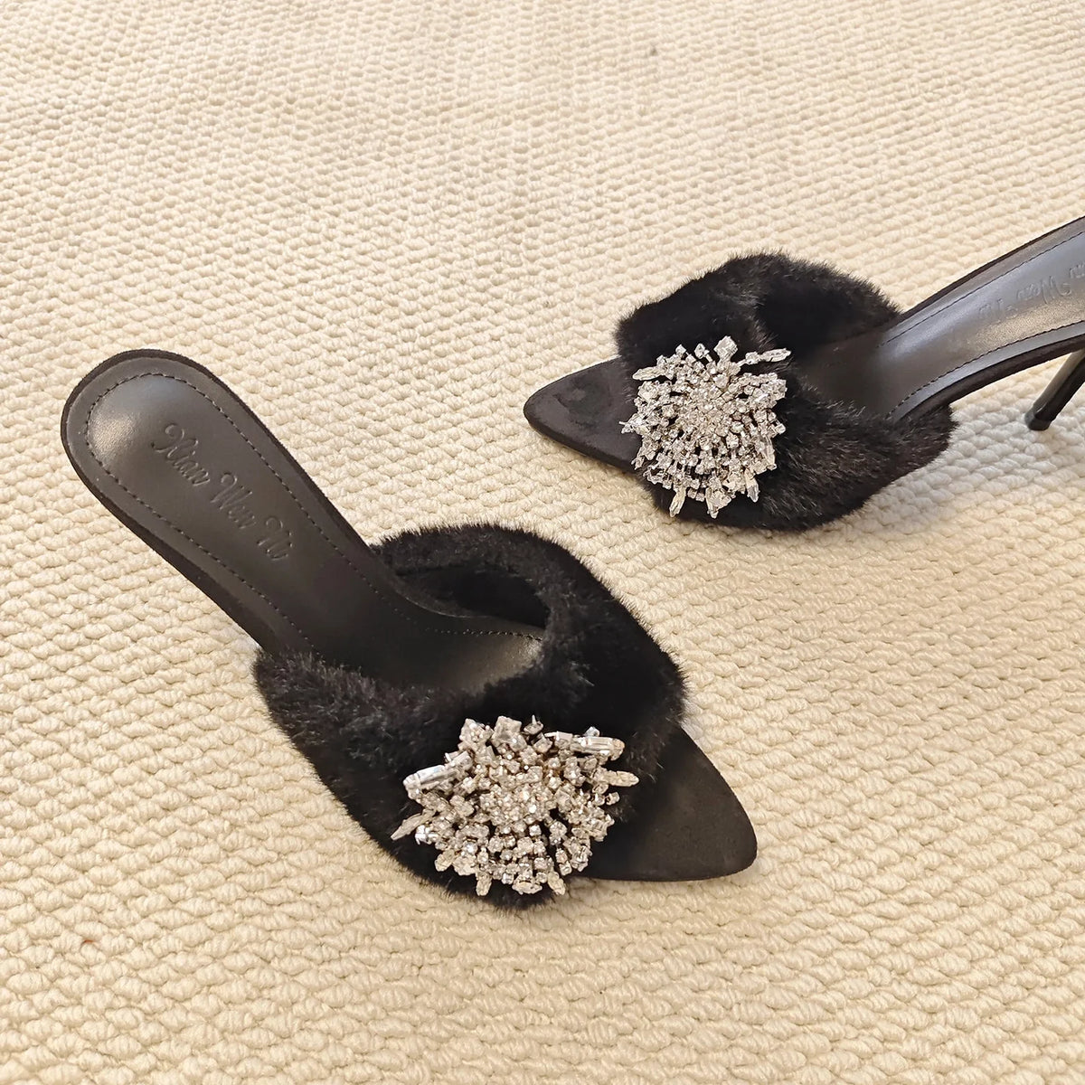 Rhinestone Buckle Furry Stiletto Mules