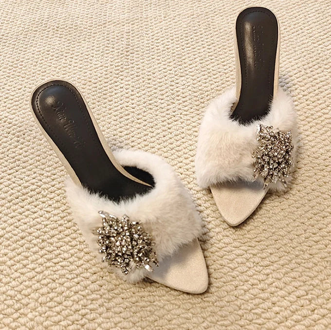 Rhinestone Buckle Furry Stiletto Mules