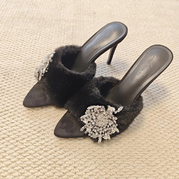 Rhinestone Buckle Furry Stiletto Mules