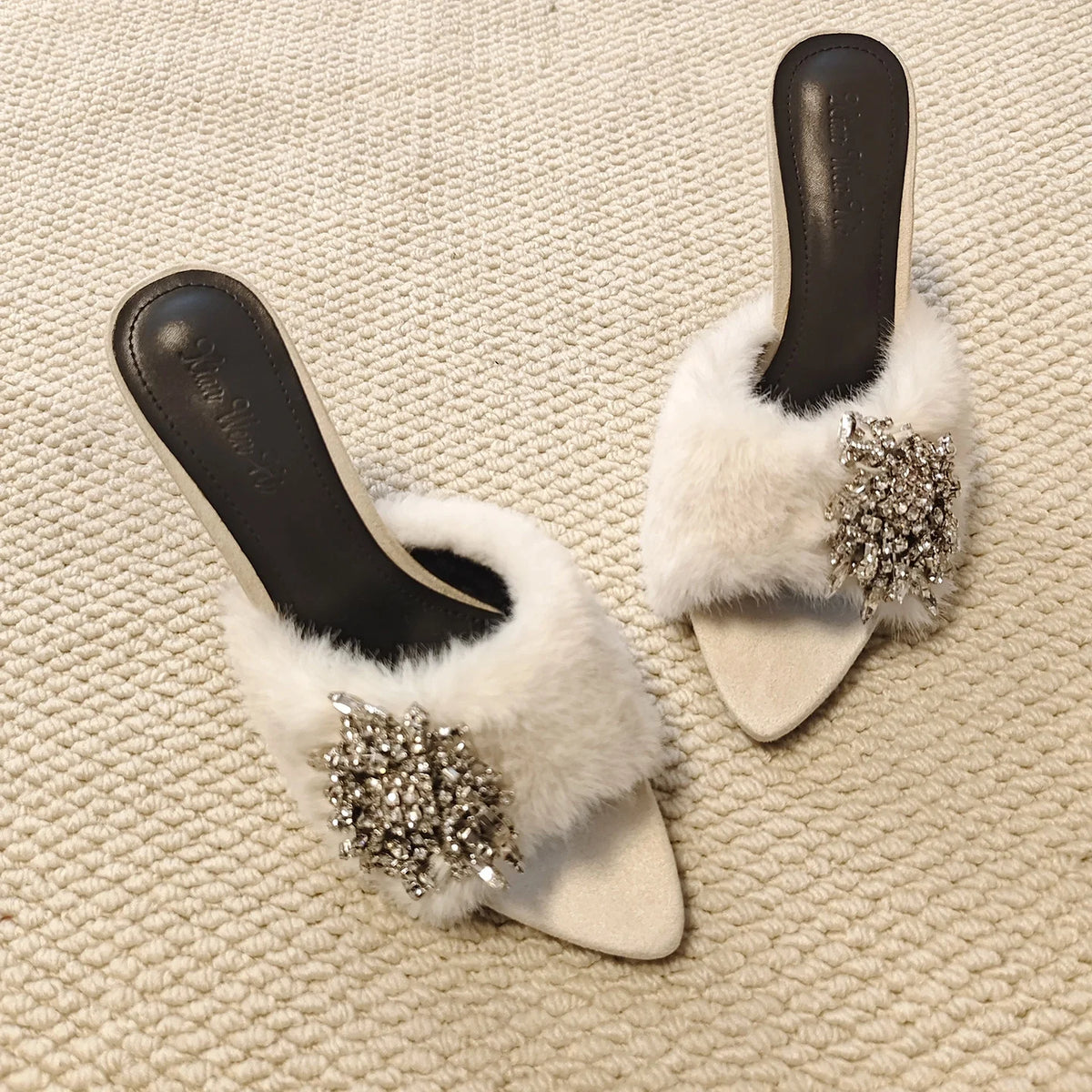 Rhinestone Buckle Furry Stiletto Mules