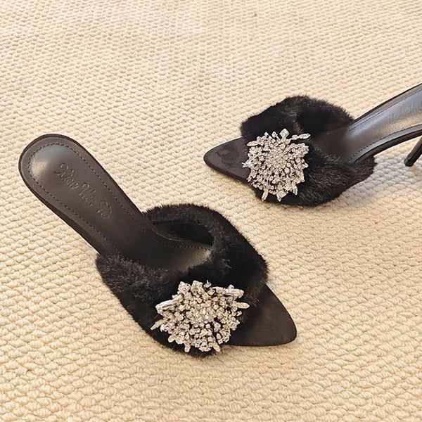 Rhinestone Buckle Furry Stiletto Mules