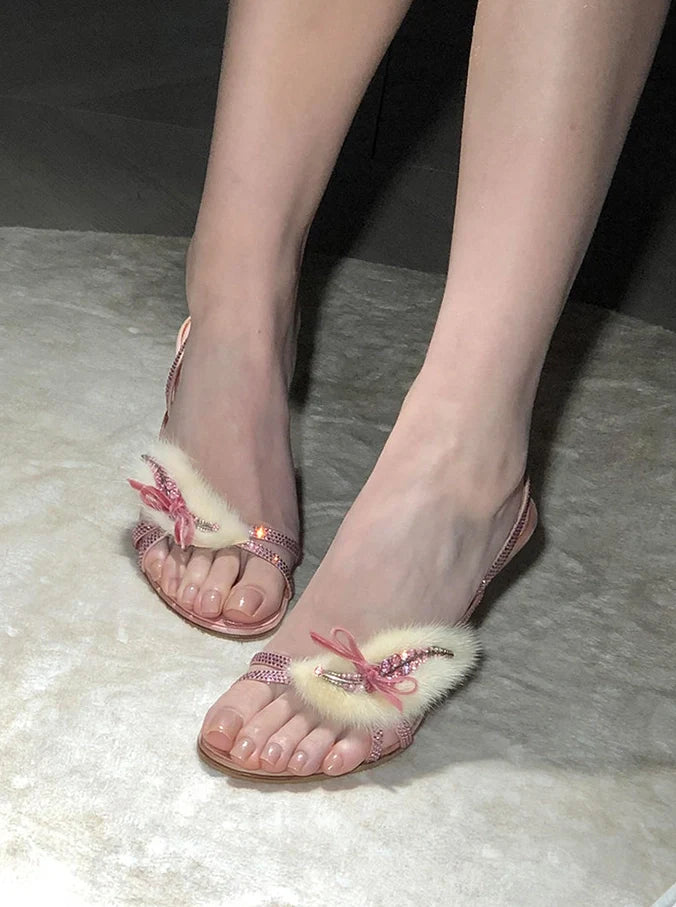Rhinestone Furry Stiletto Sandals