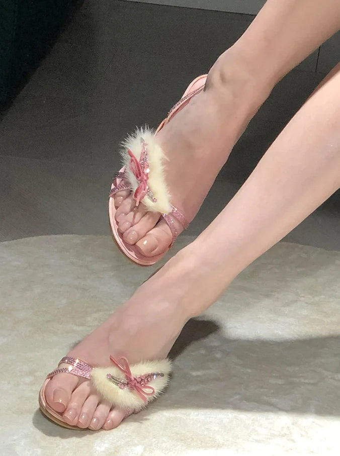 Rhinestone Furry Stiletto Sandals
