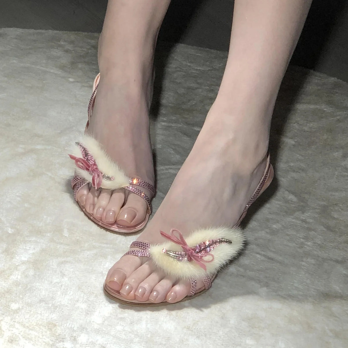 Rhinestone Furry Stiletto Sandals