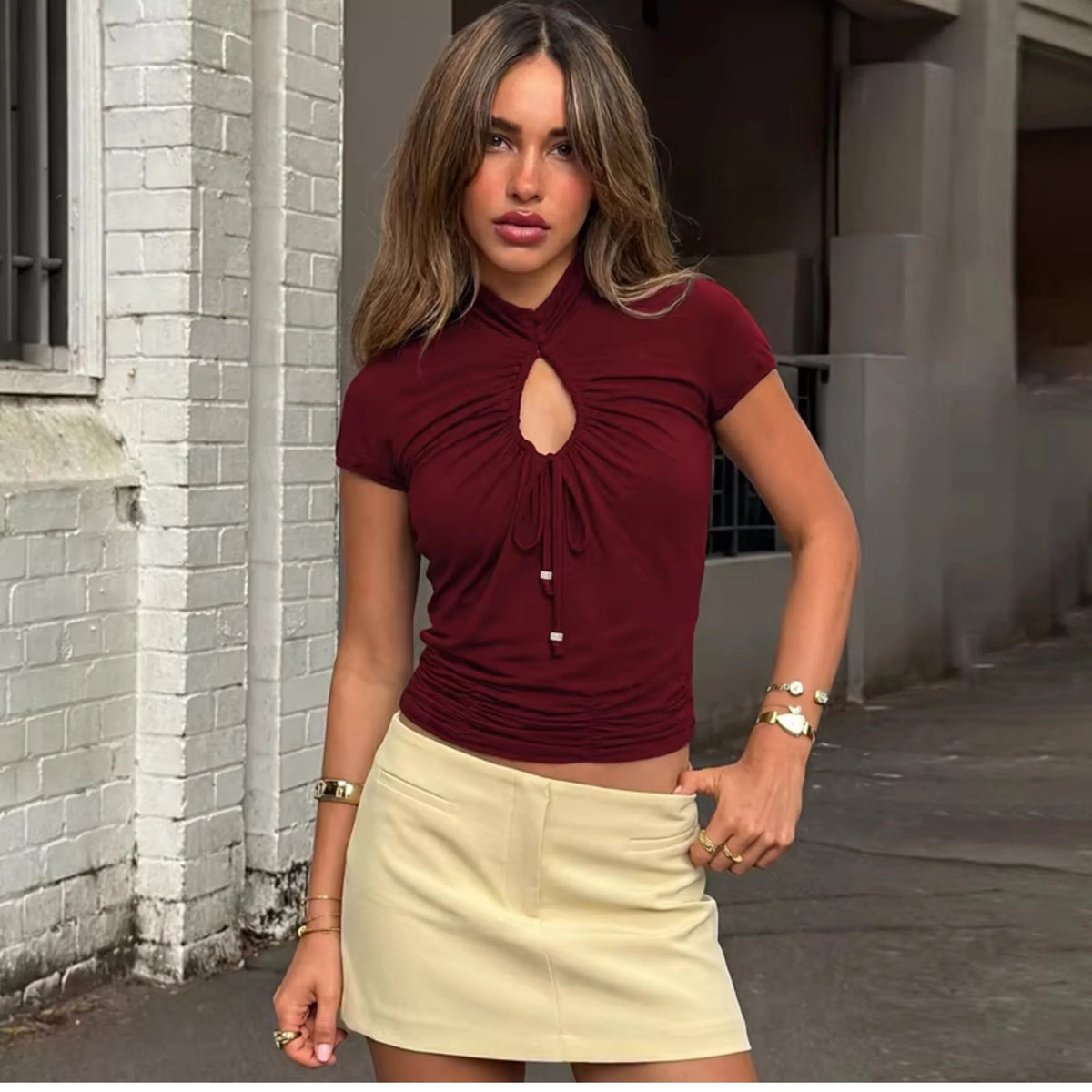 Ruched Cut-Out Short Sleeve Top