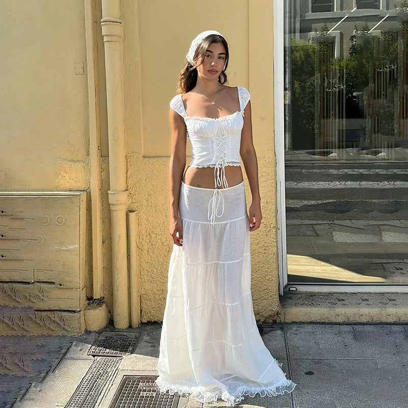 Ruffled Lace Trim Midi Skirt Set