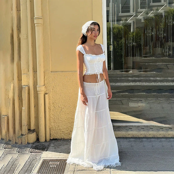 Ruffled Lace Trim Midi Skirt Set
