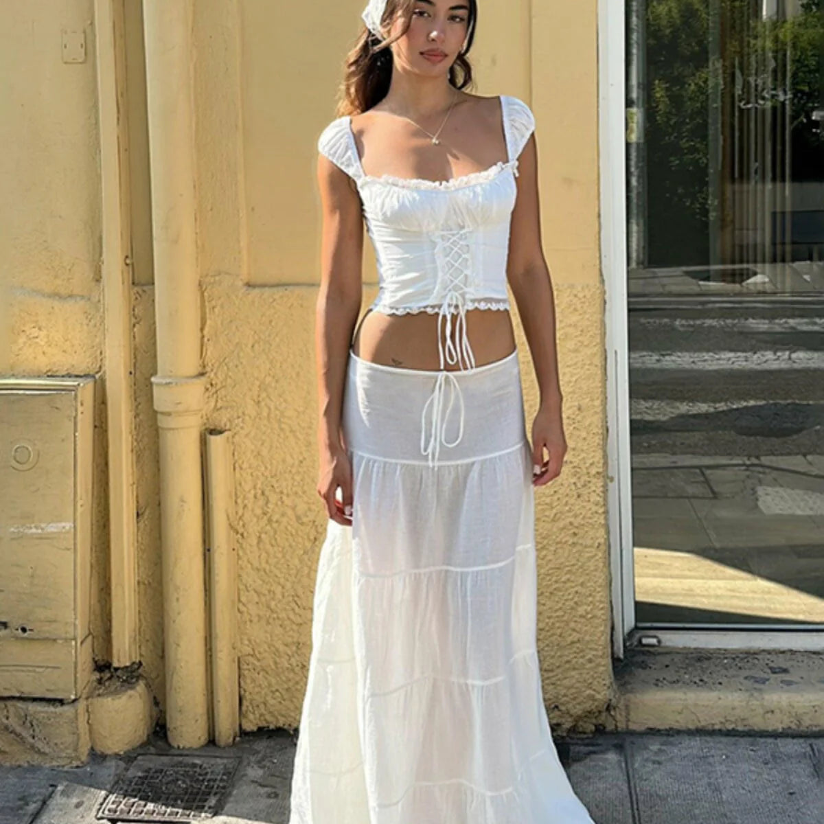 Ruffled Lace Trim Midi Skirt Set