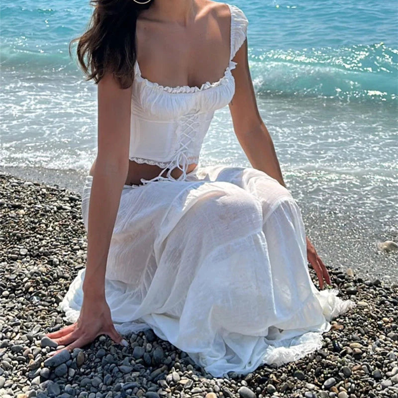 Ruffled Lace Trim Midi Skirt Set