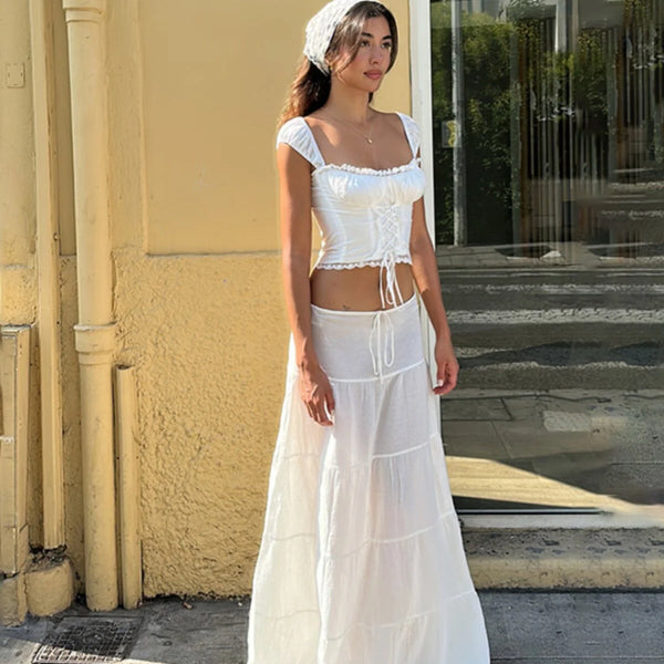 Ruffled Lace Trim Midi Skirt Set