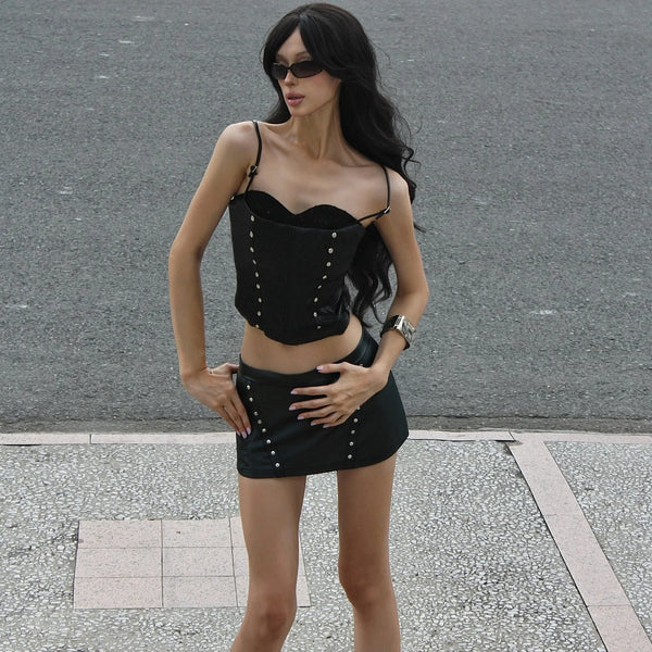 Studded PU Leather Skirt Set