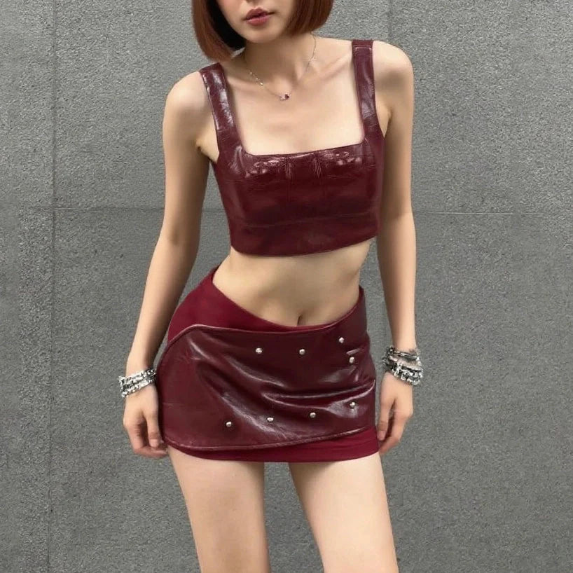 Studded PU Leather Skirt Set