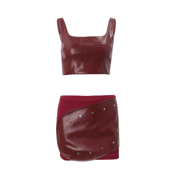 Studded PU Leather Skirt Set