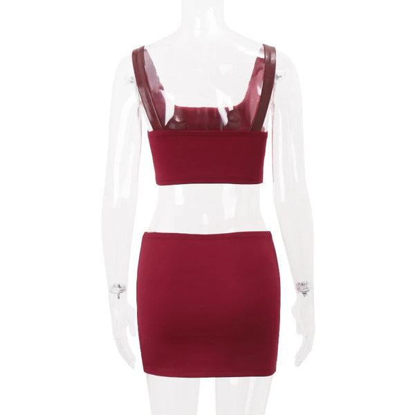 Studded PU Leather Skirt Set