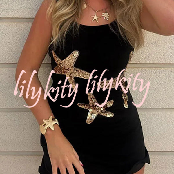 Beachside Dreams Starfish Sequin Wave Hem Stretch Tank Mini Dress