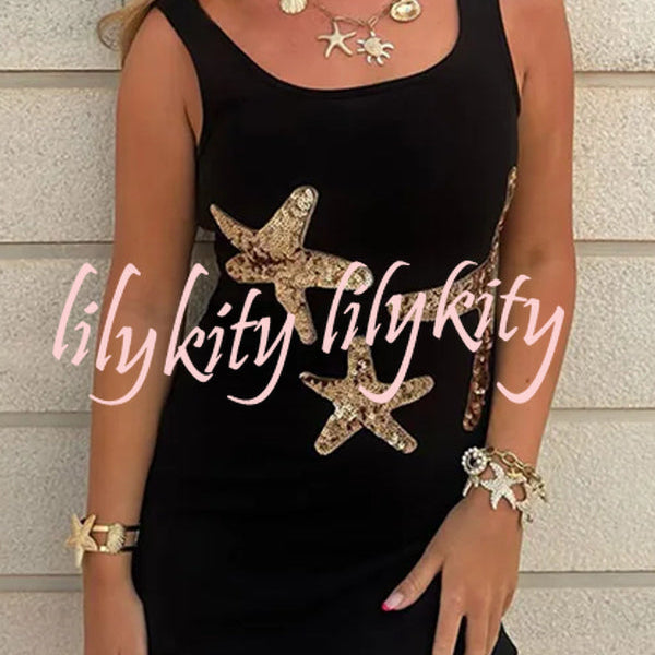 Beachside Dreams Starfish Sequin Wave Hem Stretch Tank Mini Dress